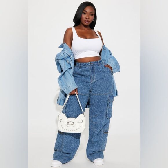 Fashion Nova Denim - Hannah Textured Cargo Straight Leg Jean Medium Wash